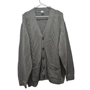 Haband Men’s XXL Cable Knit Cardigan Gray Green Leather Buttons Grandpa Sweater